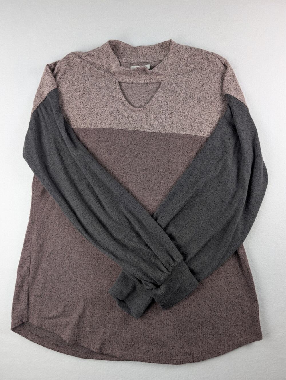 Maurices Women’s Small Colorblock Keyhole Long Sleeve Soft Knit Top Brown Gray